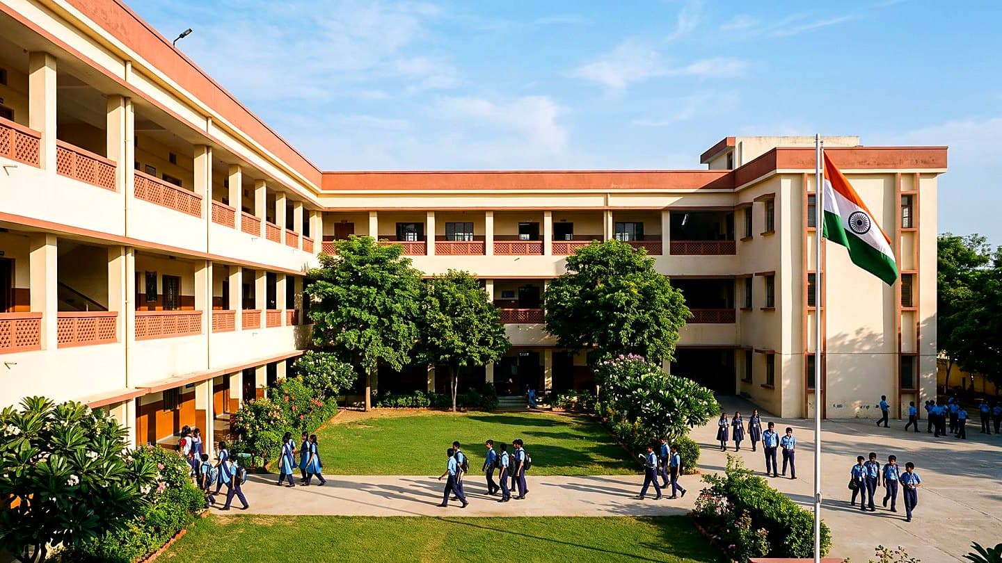 A three-storey Indian government school building around an open green courtyard, with students walking to class